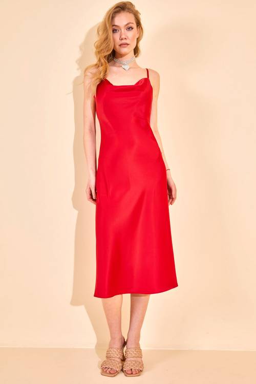 Kırmızı Degaje Yaka Saten Elbise 2YXK6-46154-04 - 3