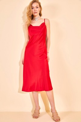 Kırmızı Degaje Yaka Saten Elbise 2YXK6-46154-04 - 5
