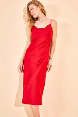 Kırmızı Degaje Yaka Saten Elbise 2YXK6-46154-04 - 6