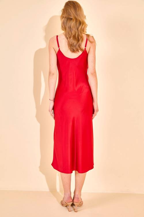Kırmızı Degaje Yaka Saten Elbise 2YXK6-46154-04 - 7