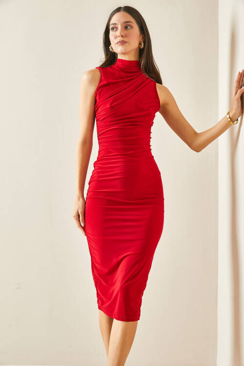 Kırmızı Drapeli Dökümlü Midi Elbise 5YXK6-48477-04 - 7