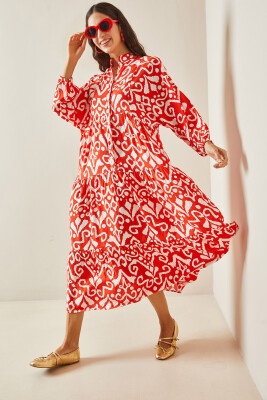 Kırmızı Etnik Desenli Maxi Elbise 5YXK6-48503-04 - 2