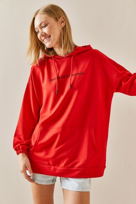 Kırmızı Kanguru Cepli Kapüşonlü Sweatshirt 3YXK8-47460-04 