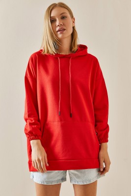 Kırmızı Kanguru Cepli Oversize Kapüşonlü Sweatshirt 3YXK8-47461-04 - 2