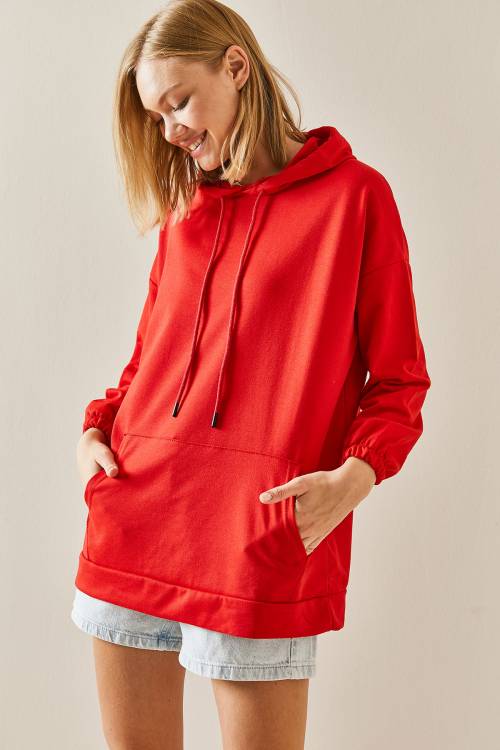 Kırmızı Kanguru Cepli Oversize Kapüşonlü Sweatshirt 3YXK8-47461-04 - 4