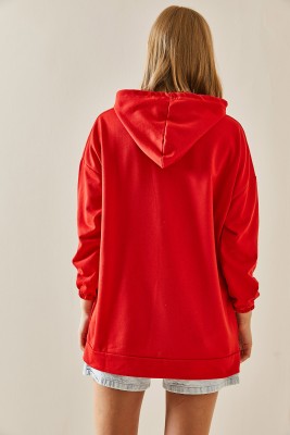 Kırmızı Kanguru Cepli Oversize Kapüşonlü Sweatshirt 3YXK8-47461-04 - 5