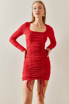 Kırmızı Kare Yaka Kaşkorse Büzgülü Mini Elbise 4KXK6-47912-04 - 1