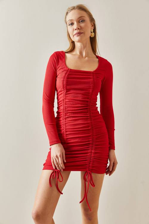 Kırmızı Kare Yaka Kaşkorse Büzgülü Mini Elbise 4KXK6-47912-04 - 4
