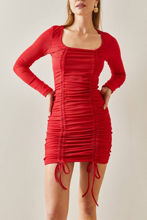 Kırmızı Kare Yaka Kaşkorse Büzgülü Mini Elbise 4KXK6-47912-04 - 2