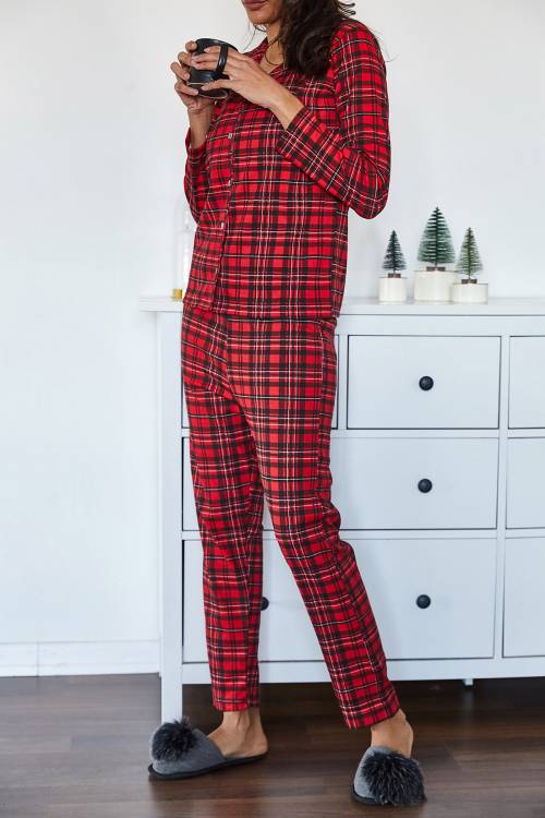 Kırmızı Kareli Örme Pijama Takımı 1KZK8-11024-04 - 5