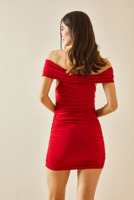 Kırmızı Kayık Yaka Gül Detaylı & Drapeli Mini Elbise 5YXK6-48352-04 - 7