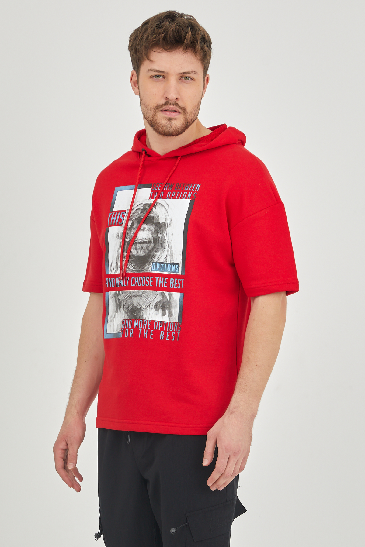 Kırmızı Kısa Kol Baskılı Kapüşonlu Sweatshirt 1KXE8-44655-04 - 2