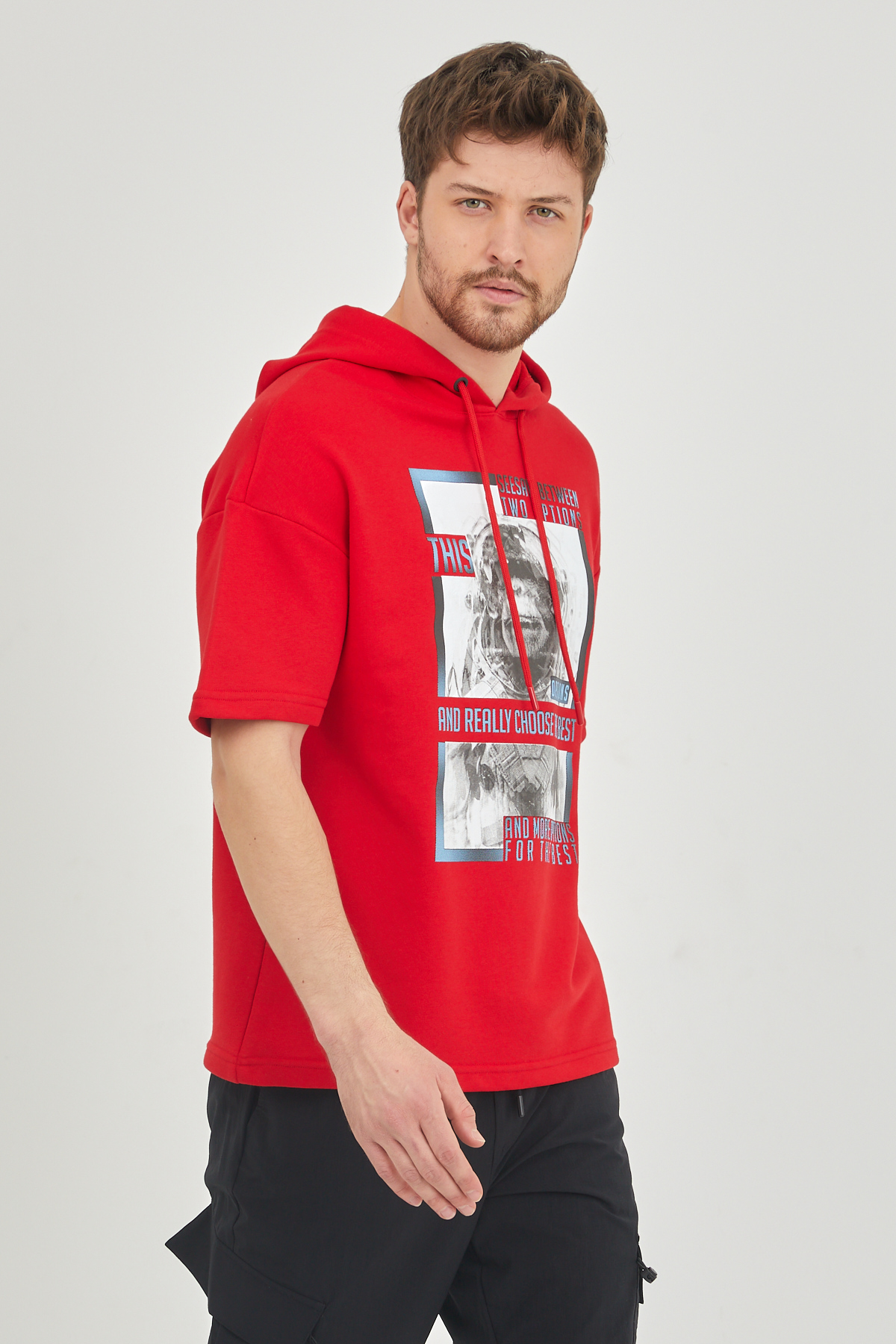 Kırmızı Kısa Kol Baskılı Kapüşonlu Sweatshirt 1KXE8-44655-04 - 3