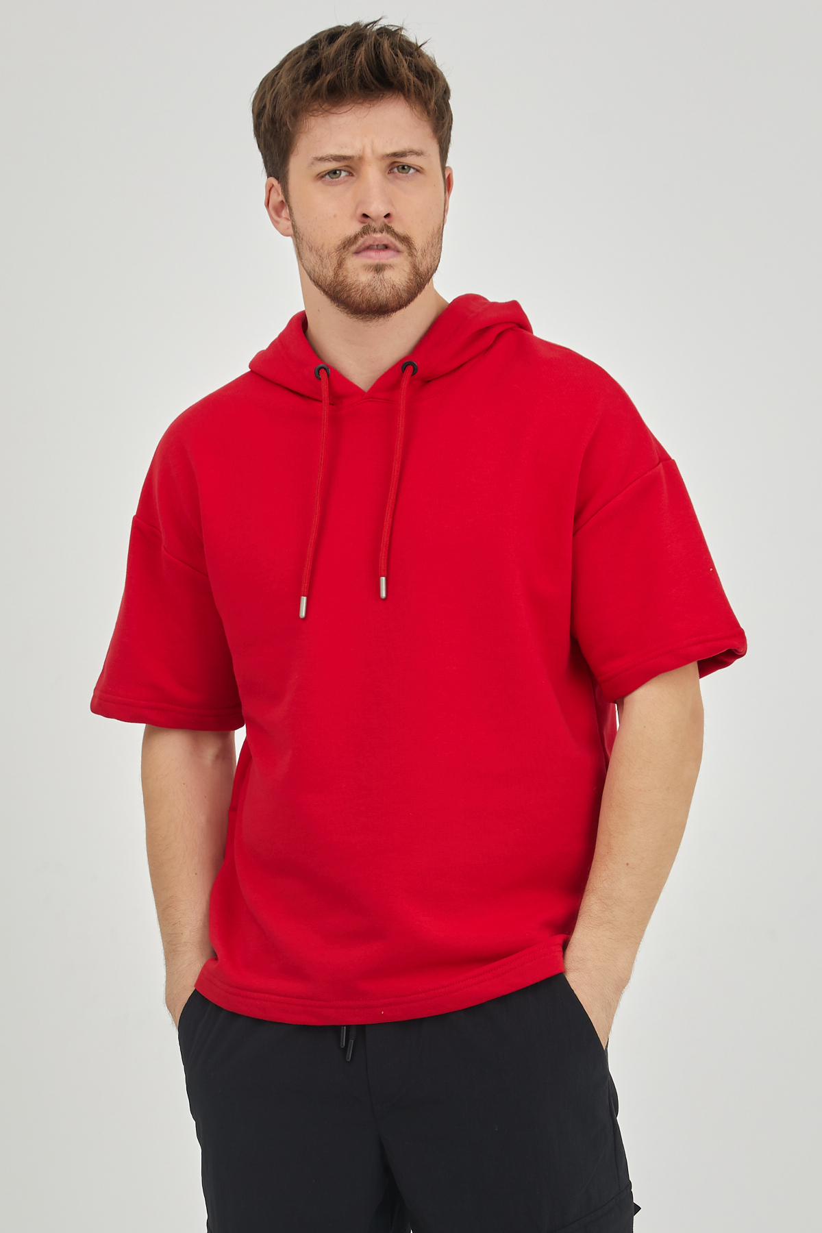 Kırmızı Kısa Kol Kapüşonlu Sweatshirt 1KXE8-44654-04 