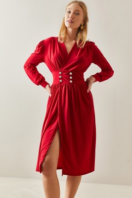 Kırmızı Kruvaze Yaka Yırtmaçlı Düğmeli Midi Elbise 4KXK6-47917-04 - XHAN