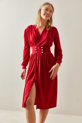 Kırmızı Kruvaze Yaka Yırtmaçlı Düğmeli Midi Elbise 4KXK6-47917-04 - 3
