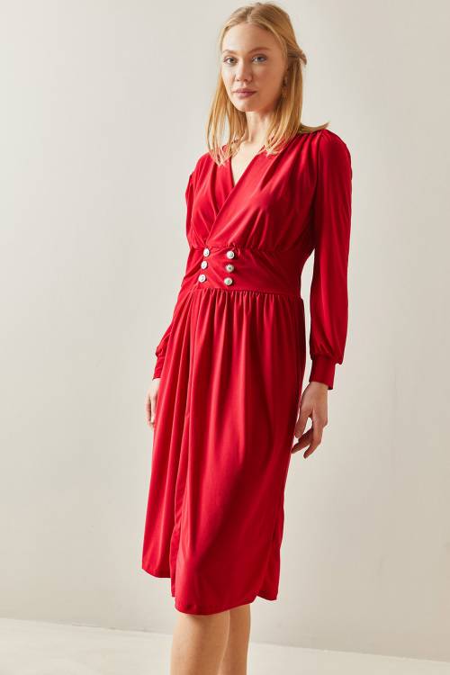 Kırmızı Kruvaze Yaka Yırtmaçlı Düğmeli Midi Elbise 4KXK6-47917-04 - 4