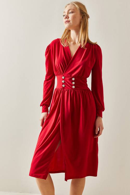 Kırmızı Kruvaze Yaka Yırtmaçlı Düğmeli Midi Elbise 4KXK6-47917-04 - 5