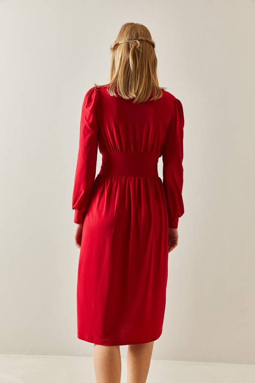 Kırmızı Kruvaze Yaka Yırtmaçlı Düğmeli Midi Elbise 4KXK6-47917-04 - 6