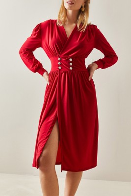 Kırmızı Kruvaze Yaka Yırtmaçlı Düğmeli Midi Elbise 4KXK6-47917-04 - 1