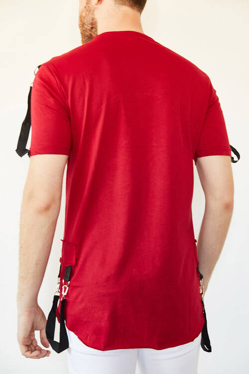 Kırmızı Kuru Kafa Baskılı Şerit Detaylı Uzun Tişört 0YXE1-44106-04 - 2