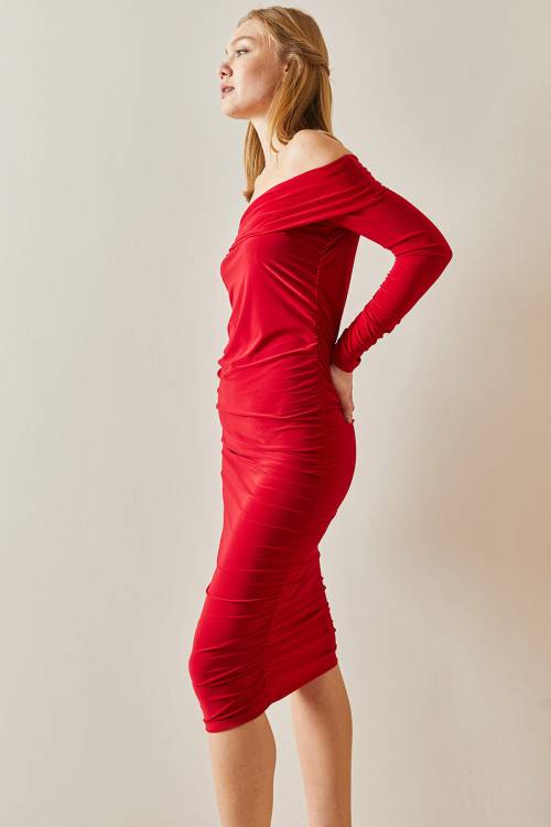 Kırmızı Madonna Yaka Drapeli Midi Elbise 4KXK6-47915-04 - 7