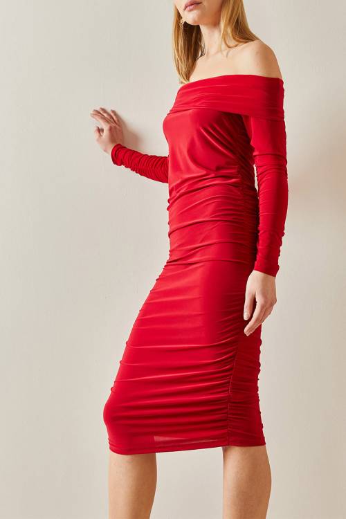 Kırmızı Madonna Yaka Drapeli Midi Elbise 4KXK6-47915-04 - 2
