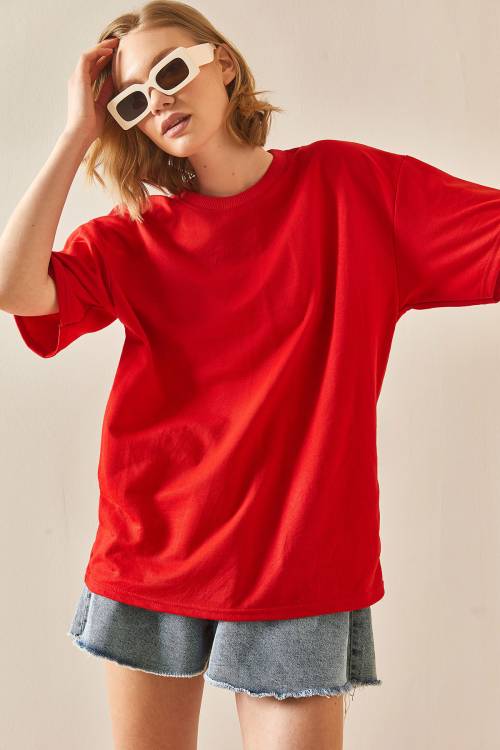 Kırmızı Oversize Basic Tişört 3YXK1-47087-04 - 6