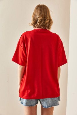 Kırmızı Oversize Basic Tişört 3YXK1-47087-04 - 7