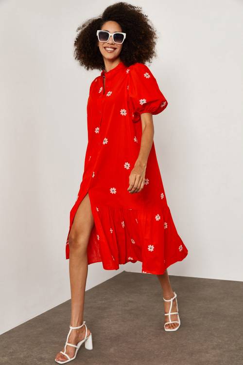 Kırmızı Papatya Desenli Elbise 1YXK6-45252-04 - 1