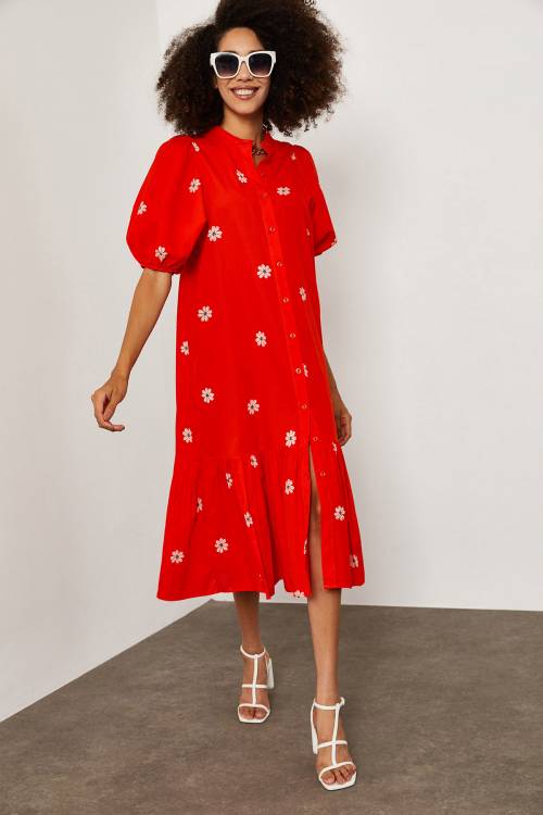 Kırmızı Papatya Desenli Elbise 1YXK6-45252-04 - 2