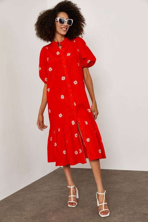 Kırmızı Papatya Desenli Elbise 1YXK6-45252-04 - 6