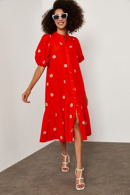 Kırmızı Papatya Desenli Elbise 1YXK6-45252-04 - 7