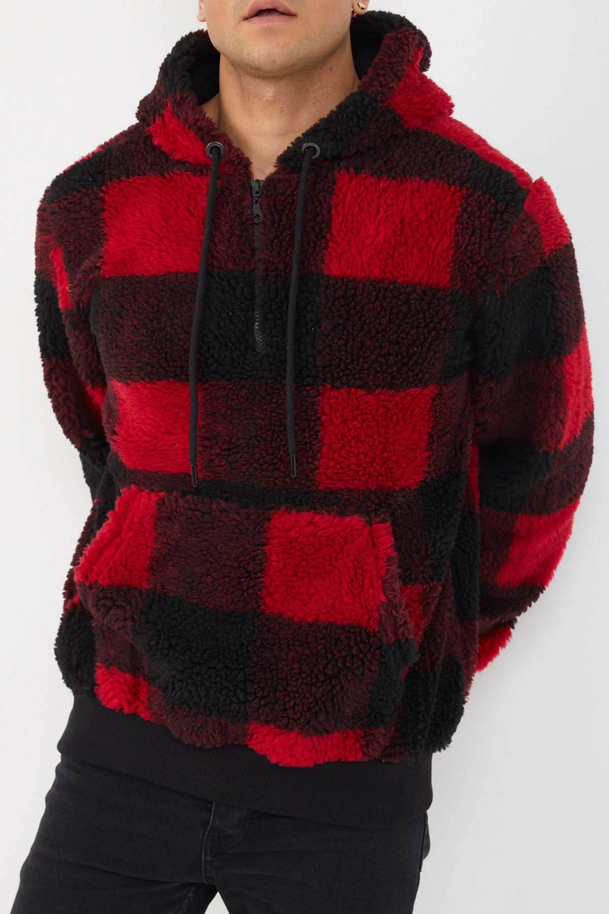 Kırmızı Siyah Ekoseli Peluş Sweatshirt 1KXE8-44478-04 - 2