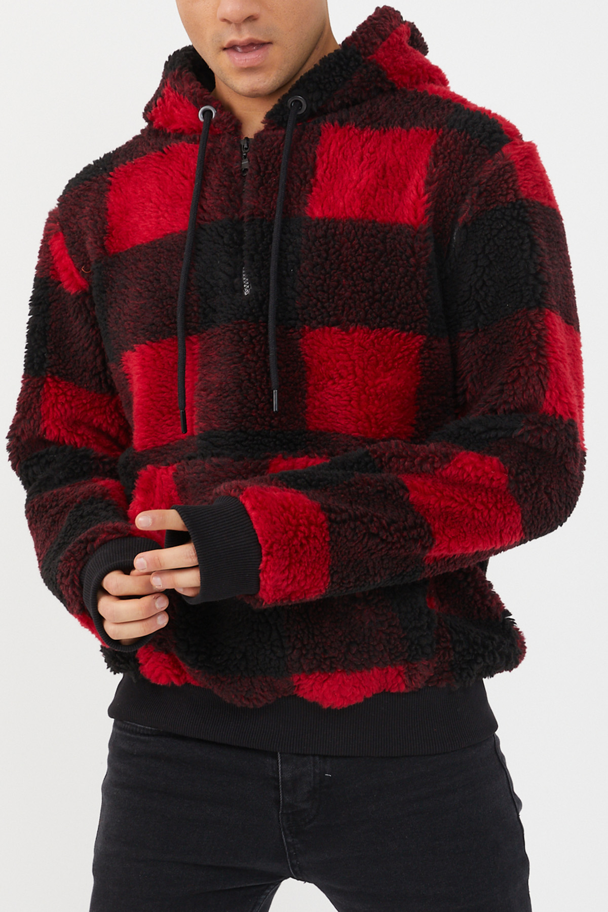 Kırmızı Siyah Ekoseli Peluş Sweatshirt 1KXE8-44478-04 - 4