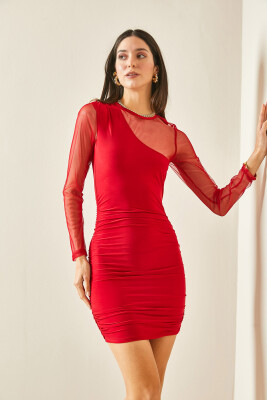 Kırmızı Transparan Detaylı Drapeli Elbise 5YXK6-48478-04 - 5