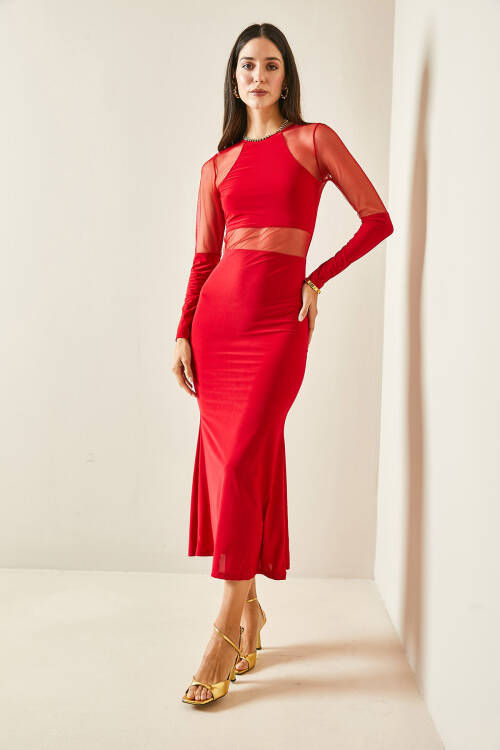 Kırmızı Transparan Detaylı Maxi Elbise 5YXK6-48480-04 - 3