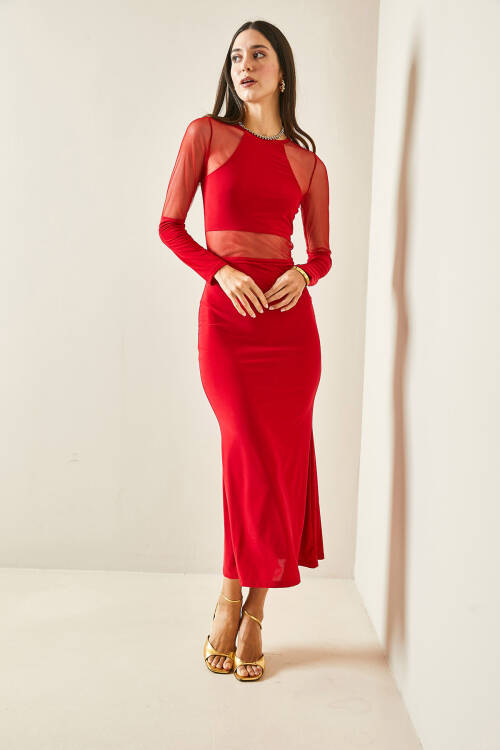 Kırmızı Transparan Detaylı Maxi Elbise 5YXK6-48480-04 - 4