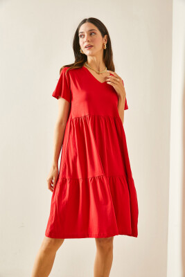 Kırmızı V Yaka Viskon Elbise 5YXK6-48463-04 - 5