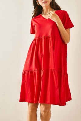 Kırmızı V Yaka Viskon Elbise 5YXK6-48463-04 