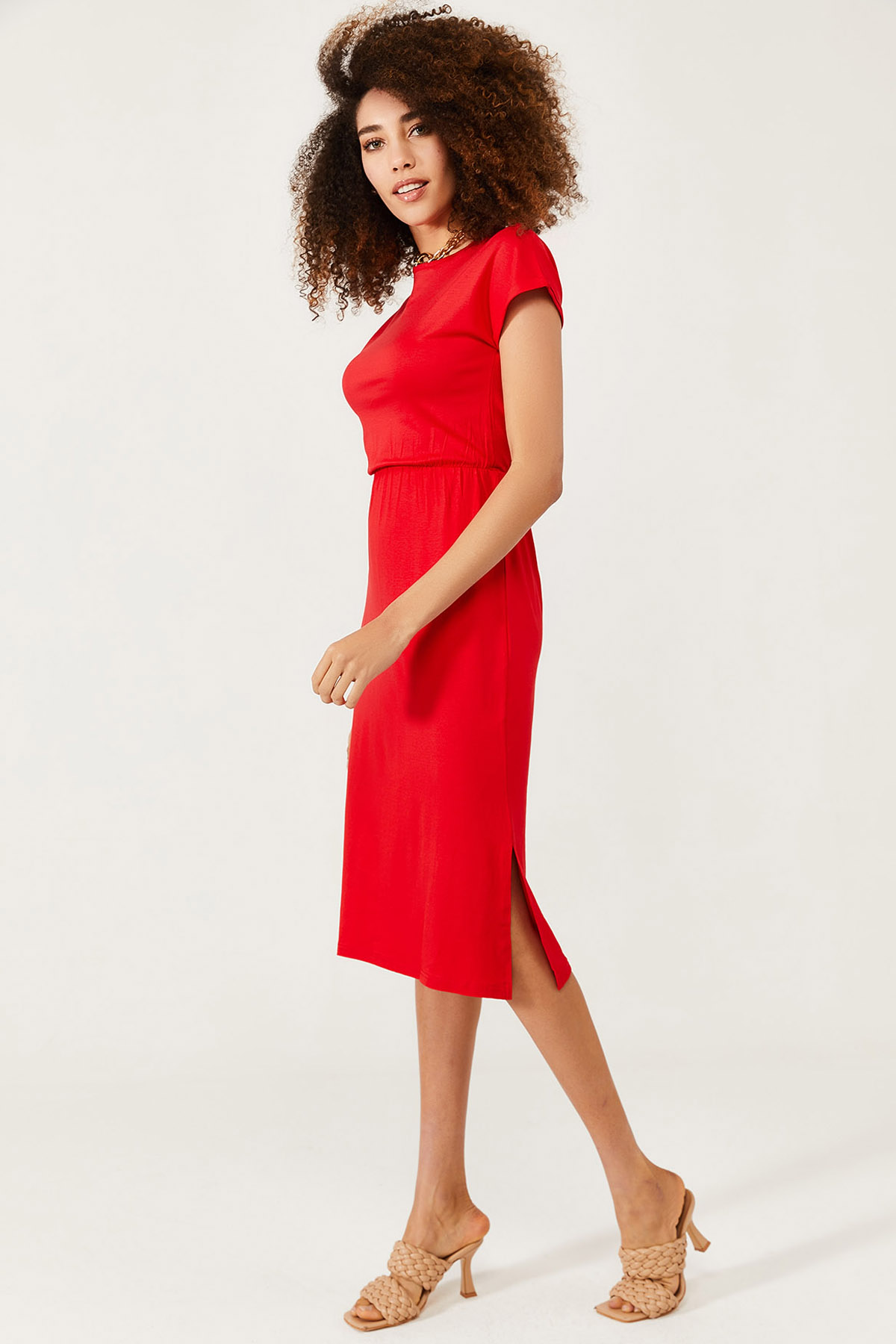 Kırmızı Yumuşak Dokulu Esnek Yırtmaçlı Elbise 1KXK6-44569-04 - 1