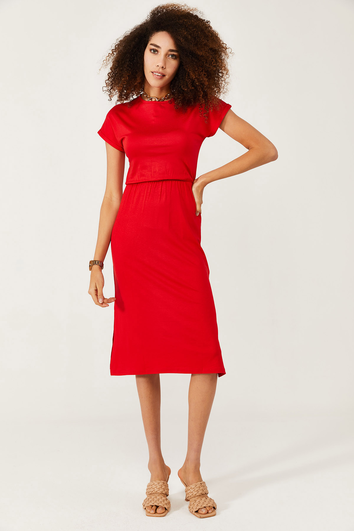 Kırmızı Yumuşak Dokulu Esnek Yırtmaçlı Elbise 1KXK6-44569-04 - 3