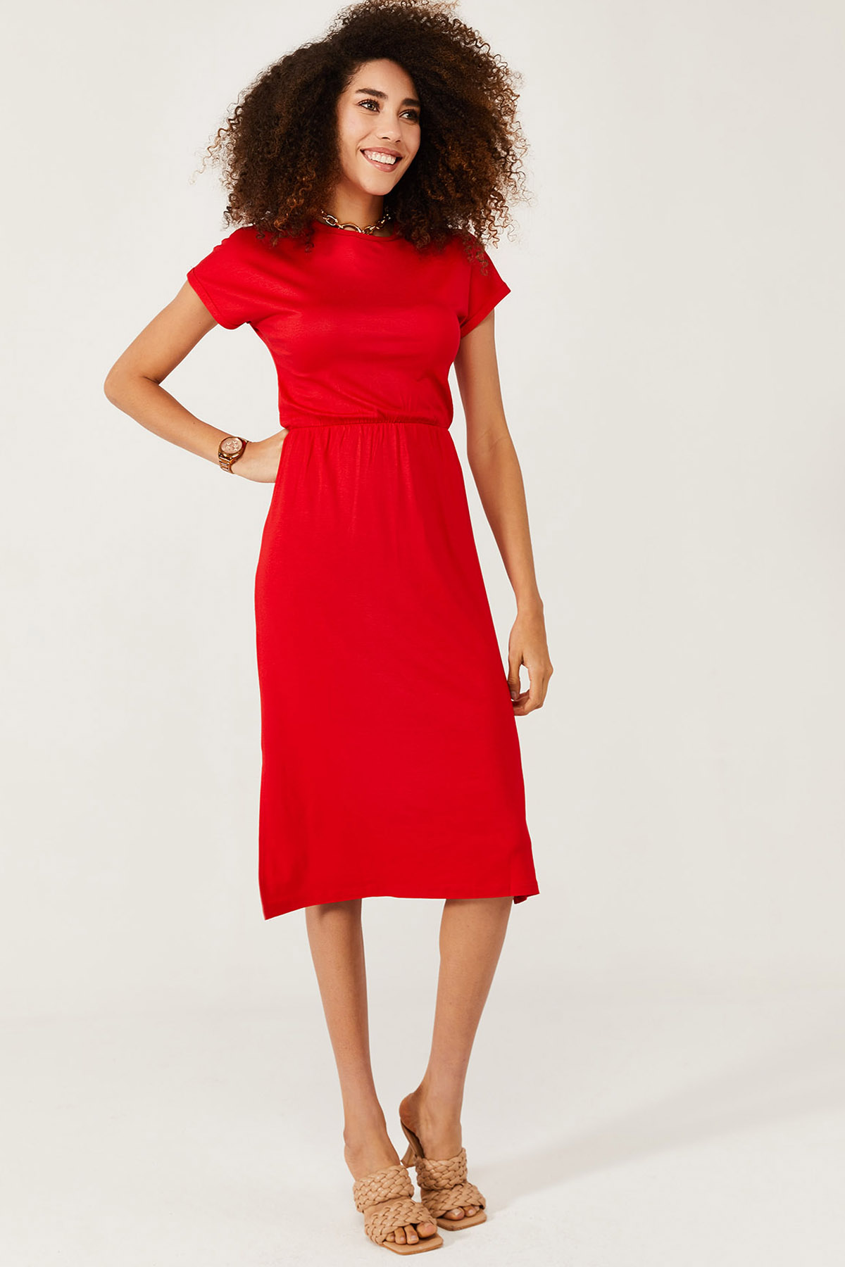 Kırmızı Yumuşak Dokulu Esnek Yırtmaçlı Elbise 1KXK6-44569-04 - 5