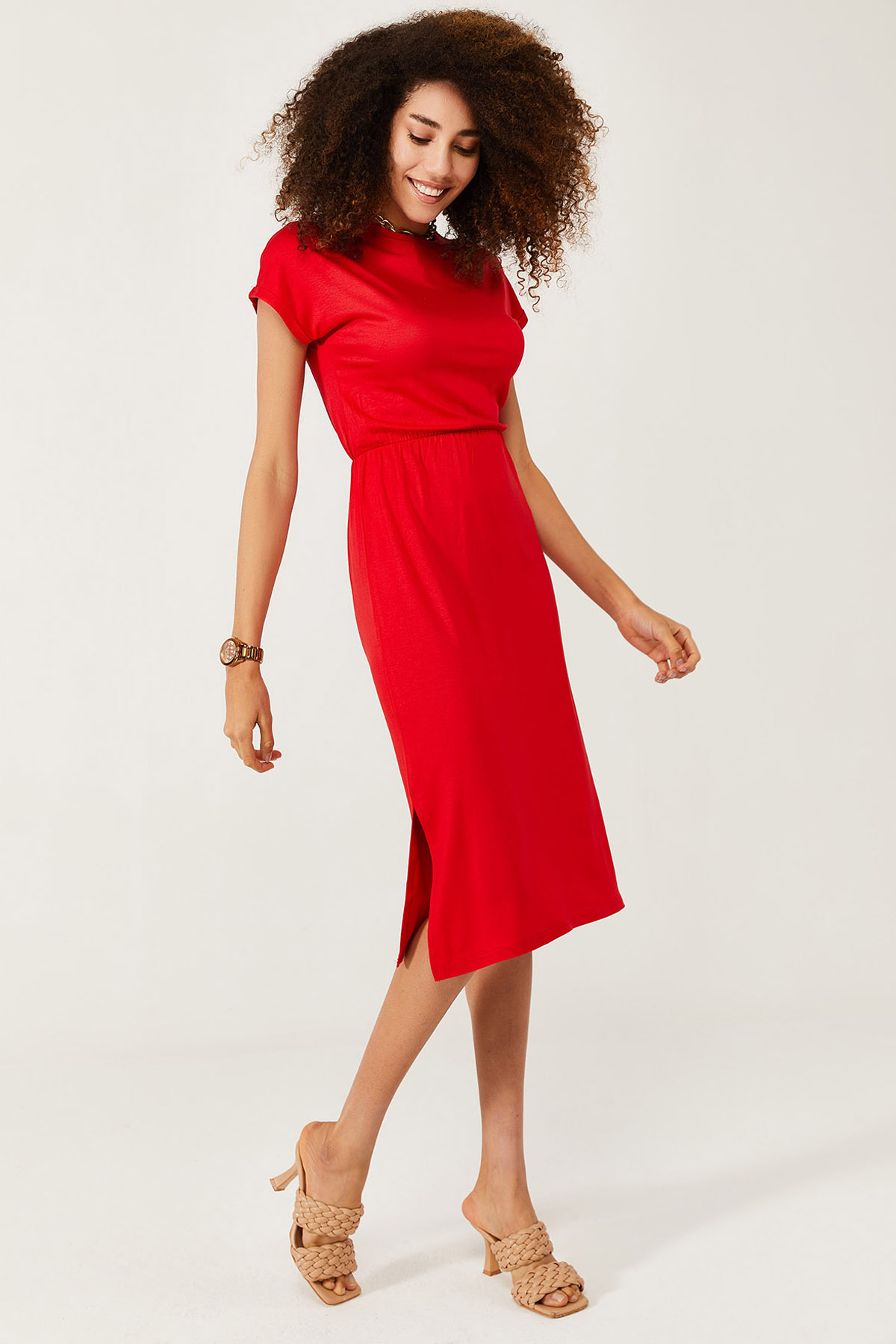 Kırmızı Yumuşak Dokulu Esnek Yırtmaçlı Elbise 1KXK6-44569-04 - 6