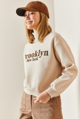 Krem Bisiklet Yaka Yazı Detaylı Sweatshirt 4KXK8-47752-22 - 5