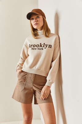 Krem Bisiklet Yaka Yazı Detaylı Sweatshirt 4KXK8-47752-22 - 6