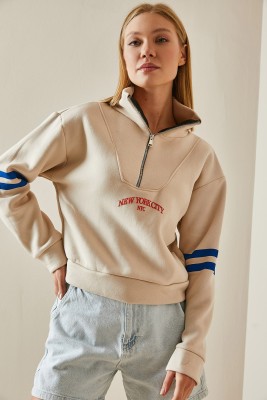 Krem Fermuar Detaylı Baskılı Sweatshirt 4KXK8-47608-22 - 2