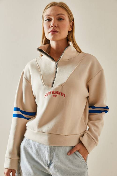 Krem Fermuar Detaylı Baskılı Sweatshirt 4KXK8-47608-22 - 3