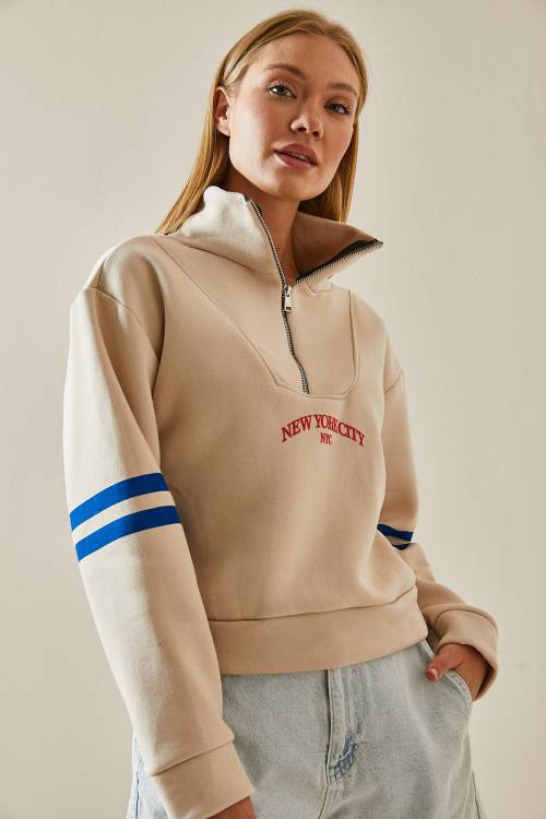 Krem Fermuar Detaylı Baskılı Sweatshirt 4KXK8-47608-22 - 4