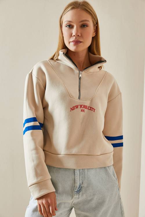 Krem Fermuar Detaylı Baskılı Sweatshirt 4KXK8-47608-22 - 5